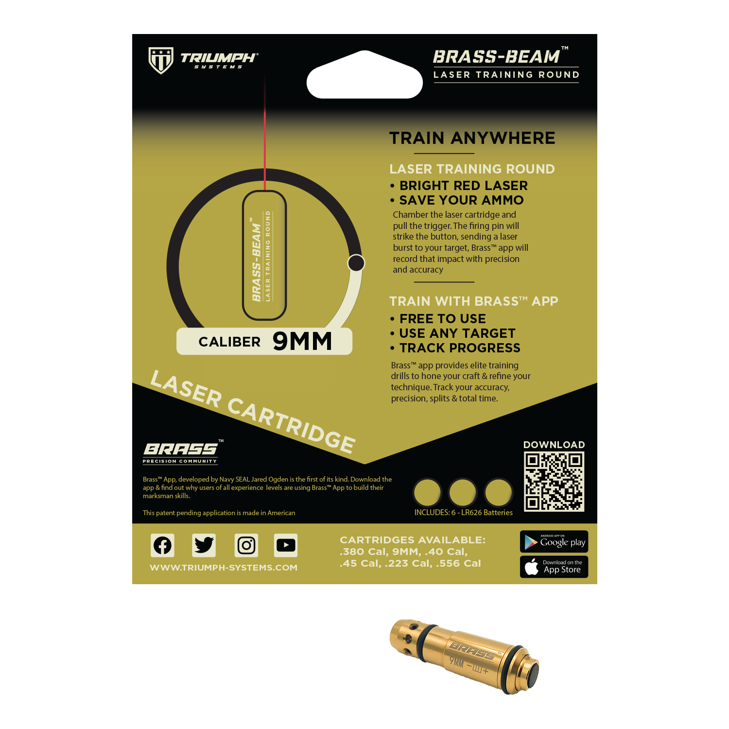  Triumph Systems, Inc. - Brass Beam (9mm) - Laser Dry Fire  Cartridge - Training Round - Training Ammo - Brass App,Black : Sports &  Outdoors